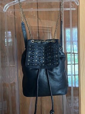 Black Leather Drawstring Backpack with Studded Flap FRYE JADE